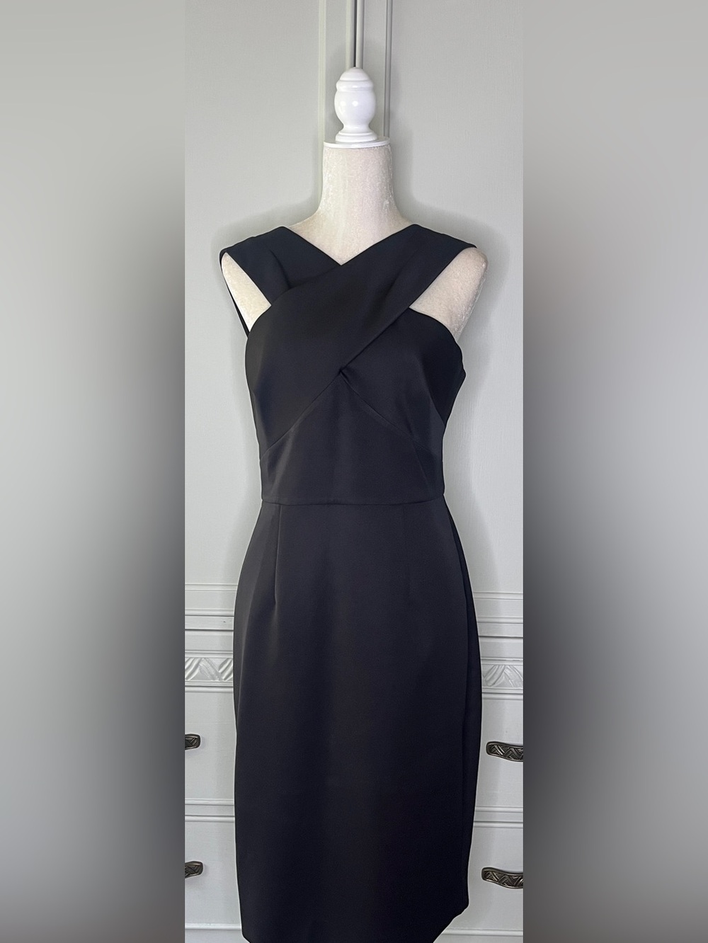 Elegant Fitted Milly Black Cross-Front Midi Dress